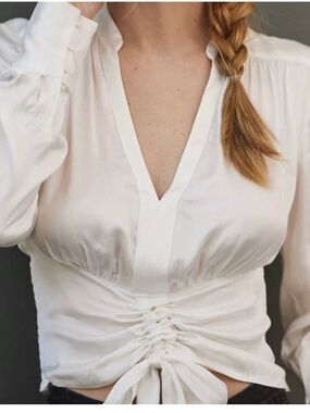 Anthropologie Cream V-Neck Tie-Waist Blouse
